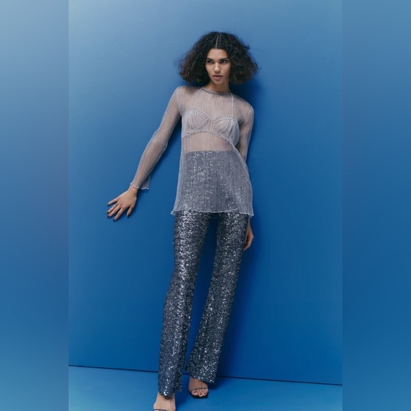 ZARA FLARED SEQUIN LEGGINGS - Picture 3 of 13